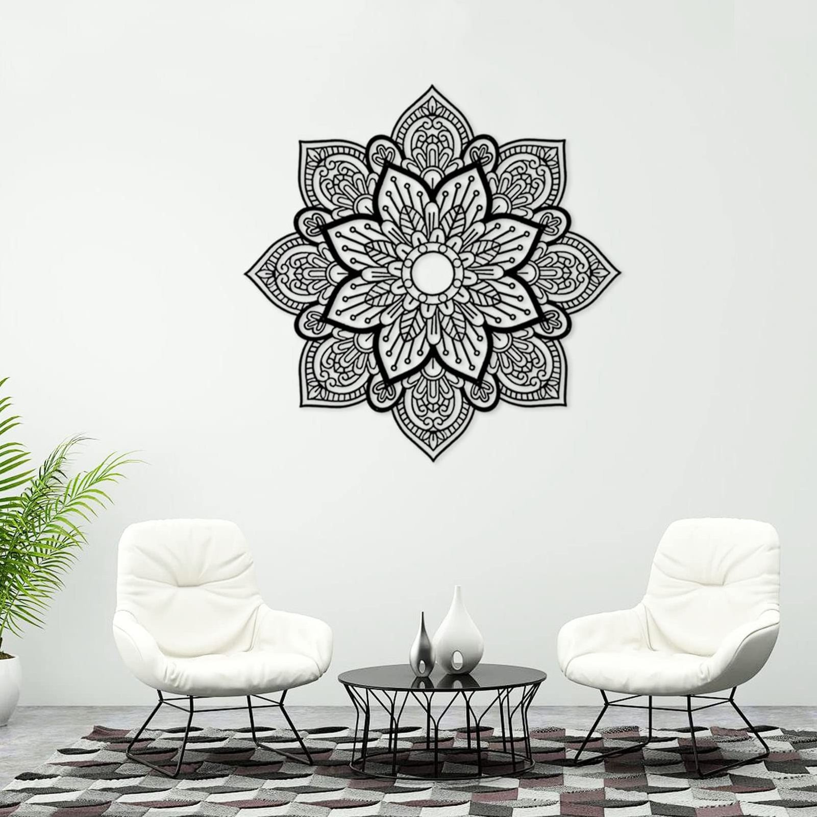 Large Black Metal round Mandala Wall Art Unique Lotus Flower Decor for Living Room Bedroom Bathroom Corridor Home Office