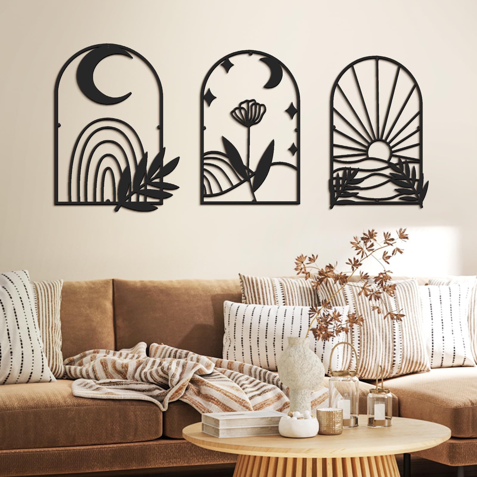 Black Metal Line Art Minimalist Abstract Boho Geometric Sun Moon Flower Wall Decor for Bedroom Living Room above Bed Bathroom