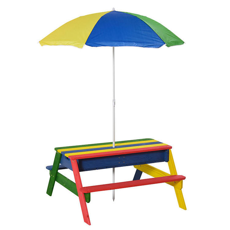 QUAWE Outdoor Garden Play Bench Wooden Picnic Table and Chair Kid Set with Umbrella