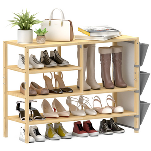 QUAWE Multifunctional Shoe Rack Design Entryway 5-tier Bamboo Boots Shoes Storage Shelf Organizer