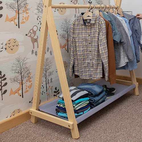 QUAWE Simple Children Wardrobe Clothing Rack Wooden Clothes Stands and Shoe Racks