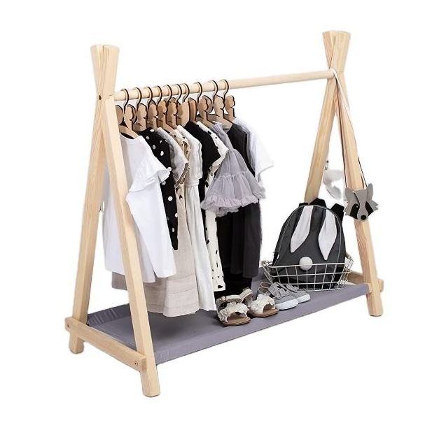 QUAWE Simple Children Wardrobe Clothing Rack Wooden Clothes Stands and Shoe Racks