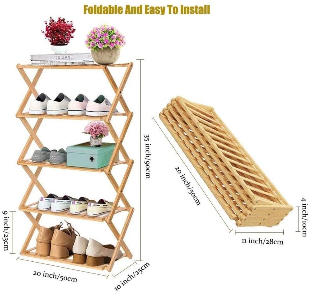 QUAWE Cheap Wholesale Modern Custom Portable Foldable 5 Tiers Bamboo Wooden Shoe Rack Modern Wooden Shoe Rack