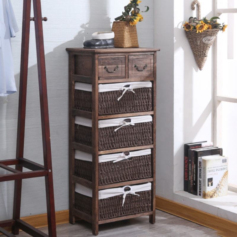 QUAWE High Quality Rustic Living Room Solid Wood Wicker Basket Drawers Wooden Cabinet