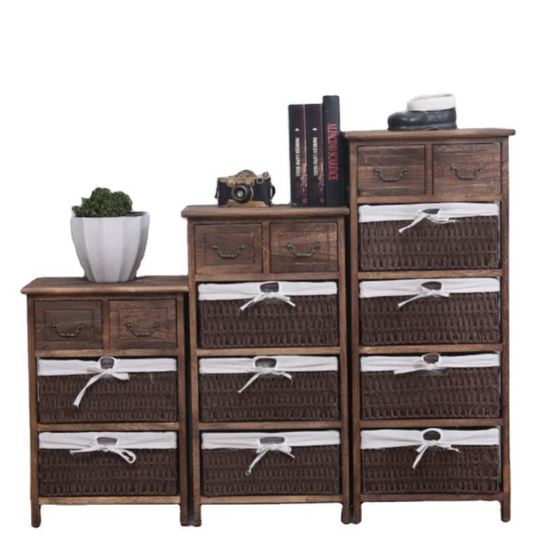 QUAWE High Quality Rustic Living Room Solid Wood Wicker Basket Drawers Wooden Cabinet