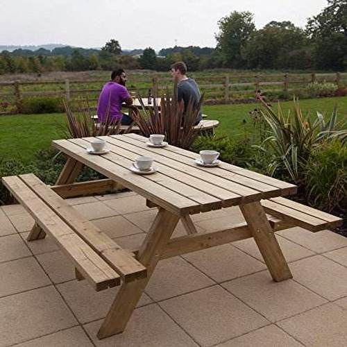 QUAWE Wooden Garden Patio Outdoor Park Table 6 Person Outdoor Picnic Table Bench