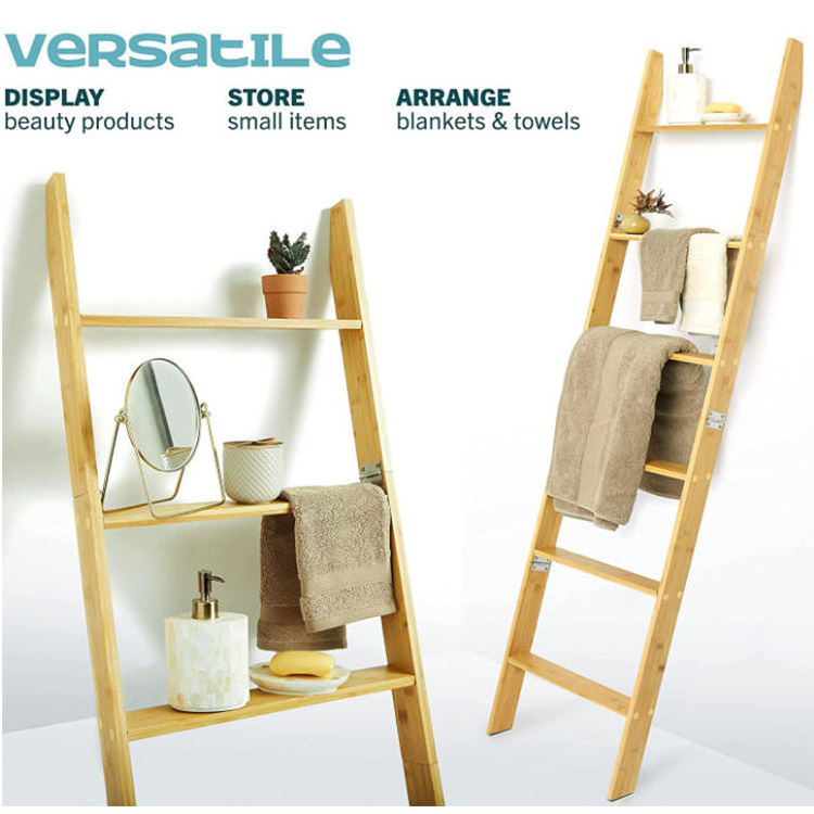 QUAWE Customized Wall Leaning Bamboo Blanket Ladder Shelf for Living Room Bedroom and Bathroom