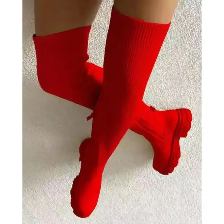 Women Long Boots Stretch Knitting Sock Shoes Autumn Ladies Over The Knee Boots Thick Heels Zipper Platform Female High Boots New