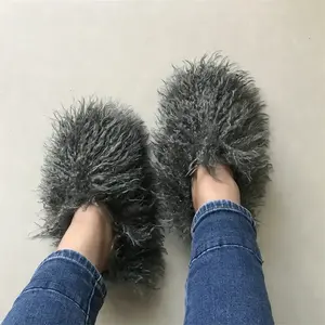 Fluffy Fuzzy Customized Tibet lambskin Faux curly shoe Winter Women luxury sheepskin Fashion fur Slipper Mongolian fur slides