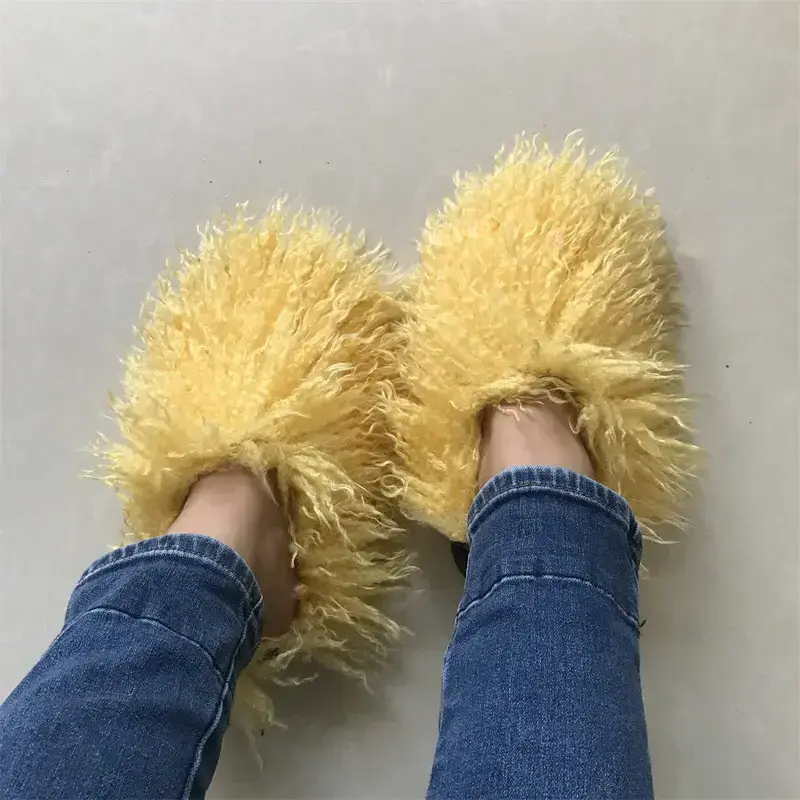 Fluffy Fuzzy Customized Tibet lambskin Faux curly shoe Winter Women luxury sheepskin Fashion fur Slipper Mongolian fur slides