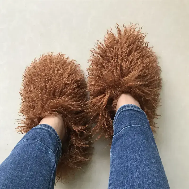 Fluffy Fuzzy Customized Tibet lambskin Faux curly shoe Winter Women luxury sheepskin Fashion fur Slipper Mongolian fur slides