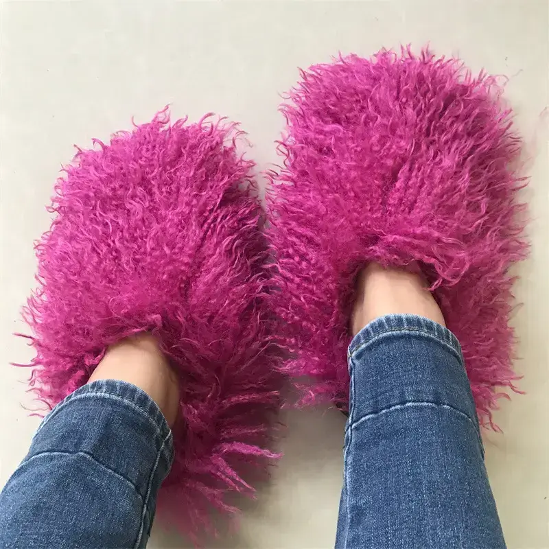 Fluffy Fuzzy Customized Tibet lambskin Faux curly shoe Winter Women luxury sheepskin Fashion fur Slipper Mongolian fur slides