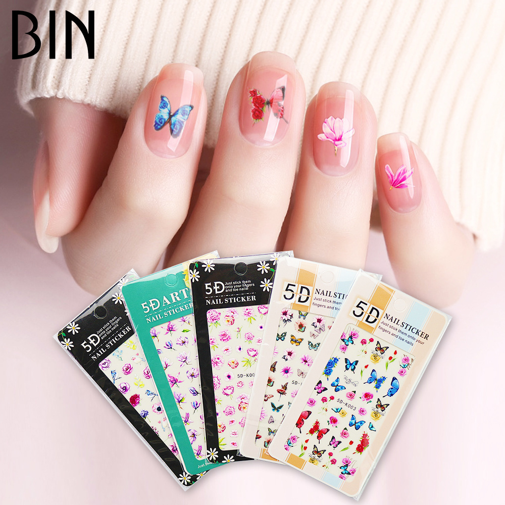 Bin Nail Art Decoration 5D Nail Sticker Decals Embossed Flower Butterfly