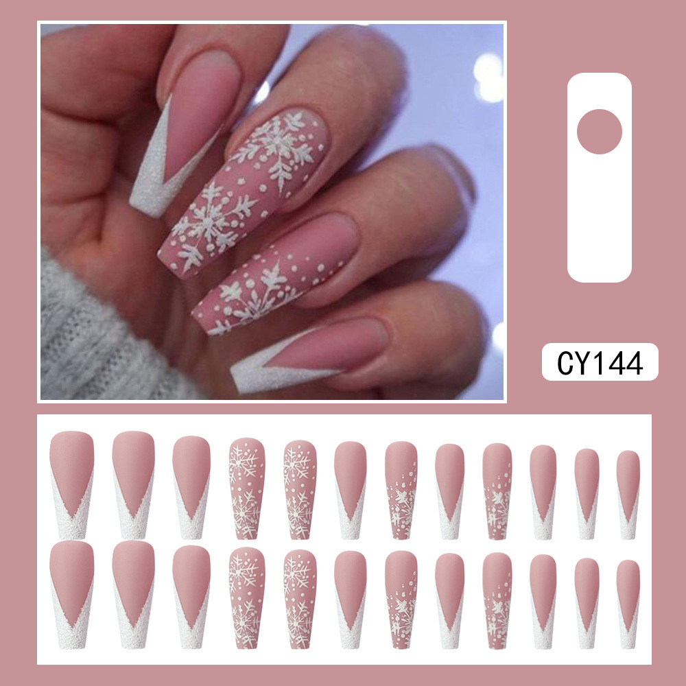 BIN Artificial Fake Nails Snowflake Design Winter Press On Nails Coffin Shape