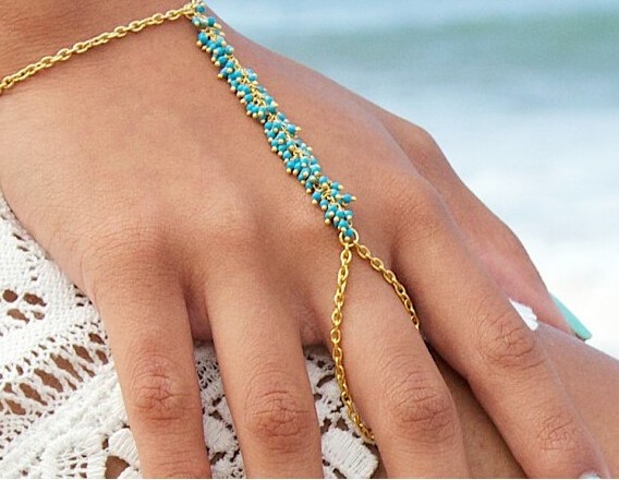 Women Turquoise Bracelet Slave Chain Hand Harness Finger Ring Jewelry Gift