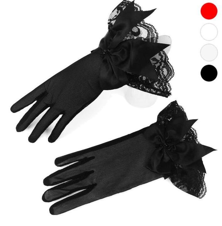 Queena Fashion short Satin Lace bow Full Finger short Gloves for Lace Pearl Wedding Party dress Gloves