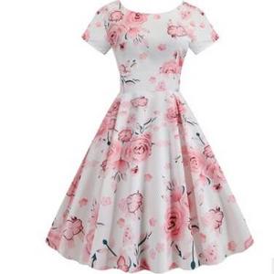 Summer Floral Print Elegant A-line Party Dress Women Slim White Short Sleeve Swing Pin up Vintage Dresses Plus Size Robe Femme