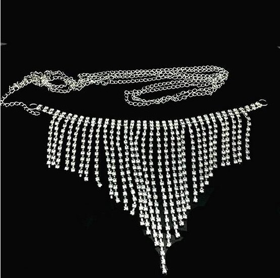 QUEENA Rhinestone Lingerie Crystal Chain Bra Panties Jewelry Burlesque Bridal 2 Pc Set