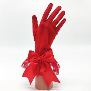 Queena Fashion short Satin Lace bow Full Finger short Gloves for Lace Pearl Wedding Party dress Gloves