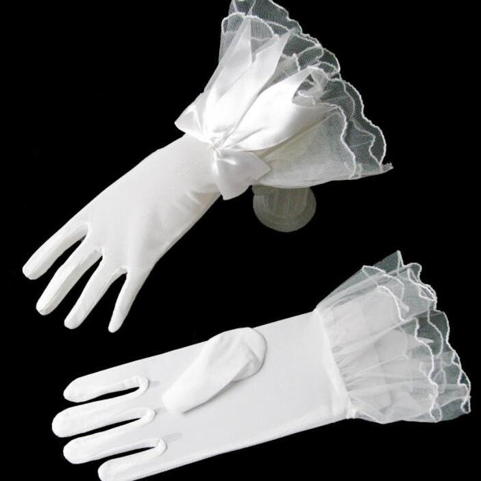 Queena Fashion short Satin Lace bow Full Finger short Gloves for Lace Pearl Wedding Party dress Gloves