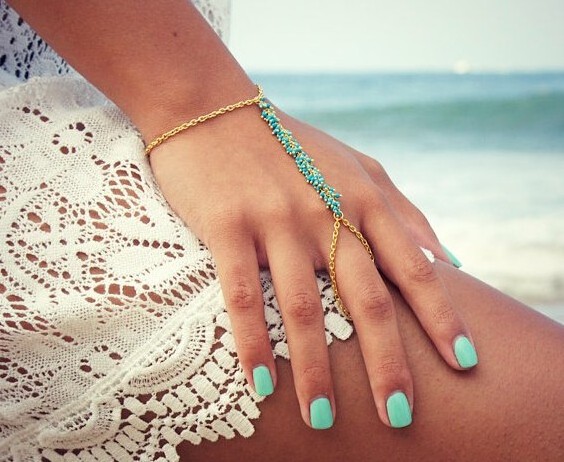 Women Turquoise Bracelet Slave Chain Hand Harness Finger Ring Jewelry Gift