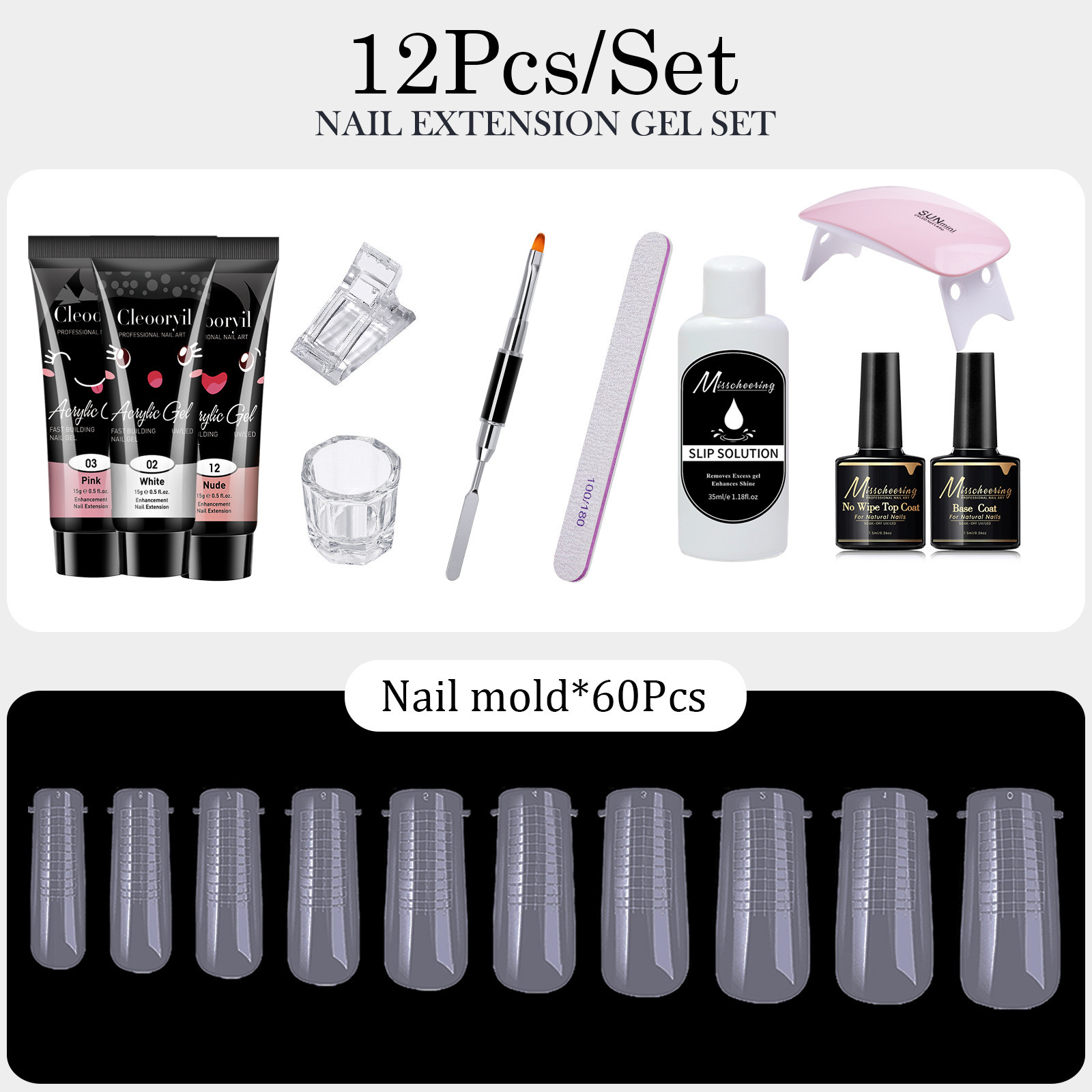 12Pcs Nail Extension Gel Set 6W UV LED Lamp Brush 15ml Quick Extension Varnish Gel Base Top Coat Nail Art Manicure Kit