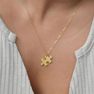 Dainty Personalize Puzzle Piece Pendant Necklace, Gold Stainless Steel Chain Necklace Delicate Choker