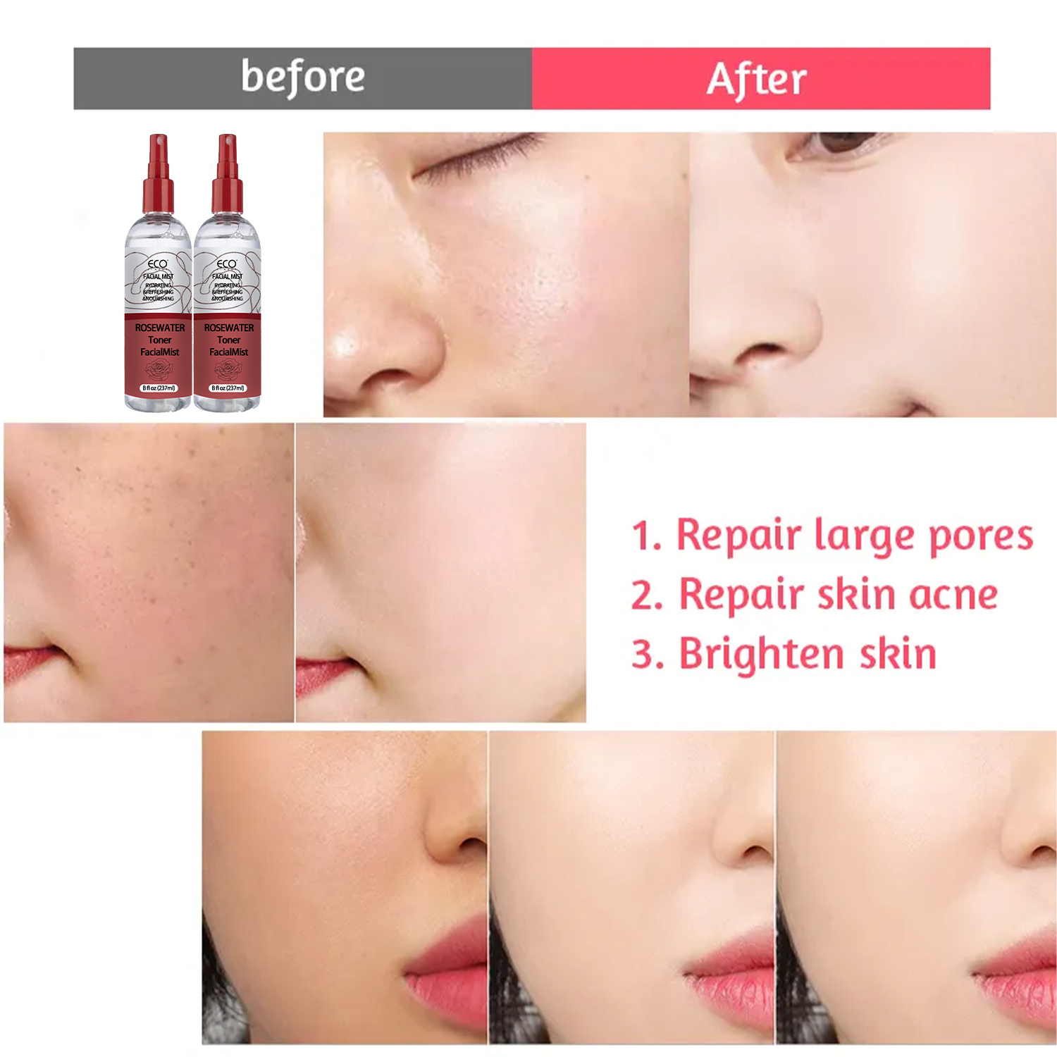 100% Vegan Refreshing Conditioning Soothing Redness Reducing Rose Water Hydrating Facial Toner Mist for Radiant Skin -281360