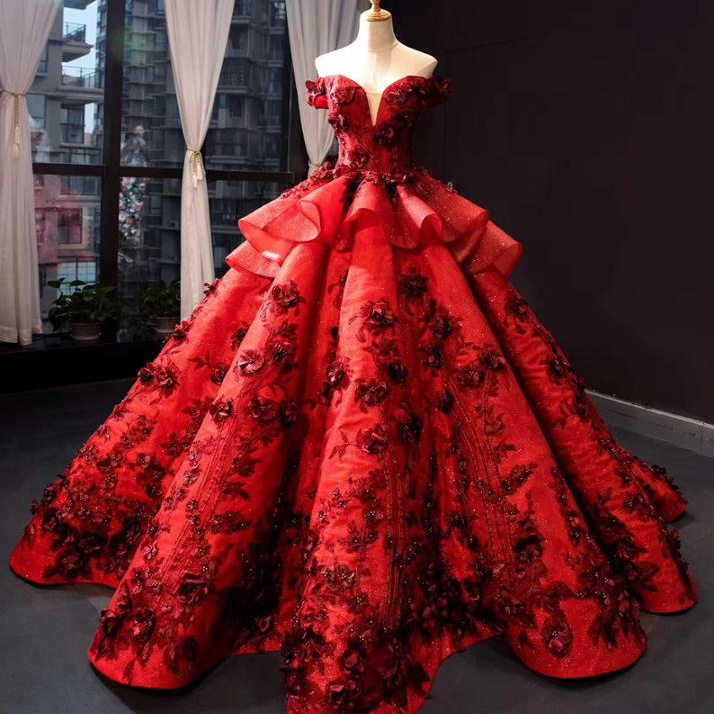 Ball Gown 3D flower Red  off- shoulder  evening dress lace big ball gown  bride  dress for wedding & party