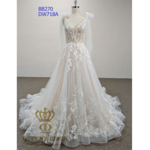 QUEENS GOWN latest custom luxury A-line bridal dress sexy deep v-neck backless embroidery flower lace champagne wedding dress