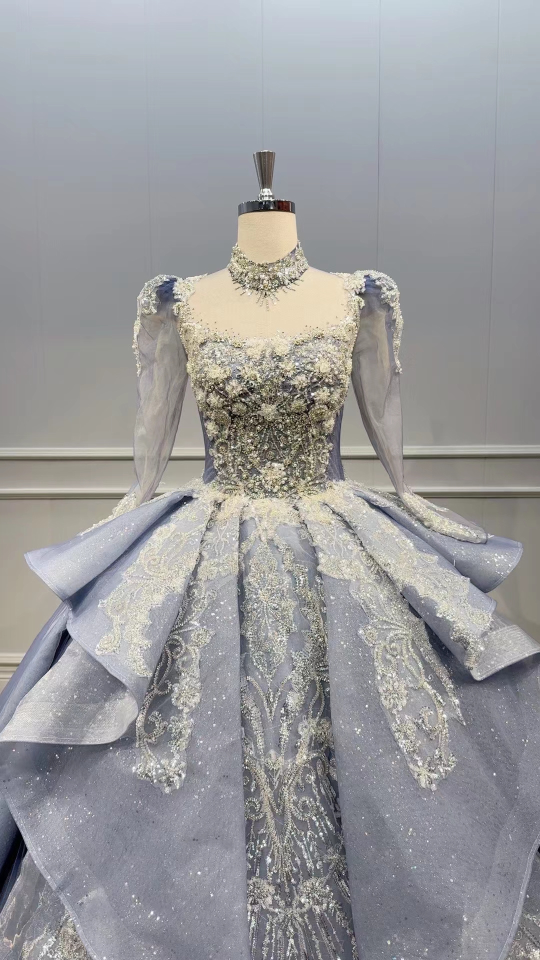 QUEENSGOWN  factory direct elegance  party gowns light blue embroidered bridal ball gown ruffles long sleeve women luxury dress