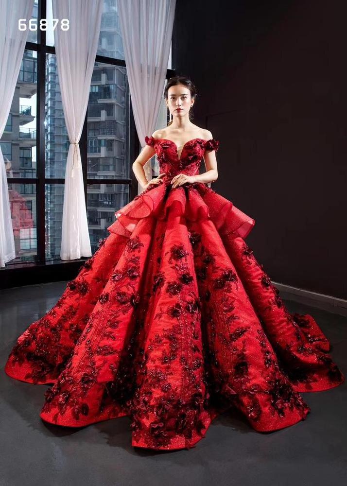 Ball Gown 3D flower Red  off- shoulder  evening dress lace big ball gown  bride  dress for wedding & party