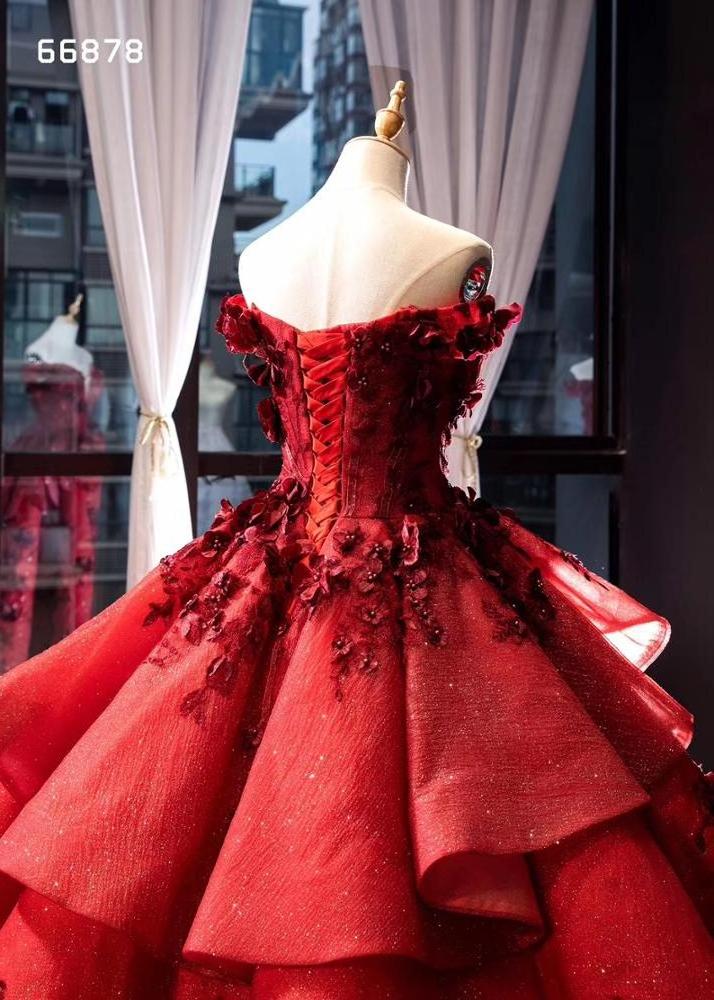 Ball Gown 3D flower Red  off- shoulder  evening dress lace big ball gown  bride  dress for wedding & party