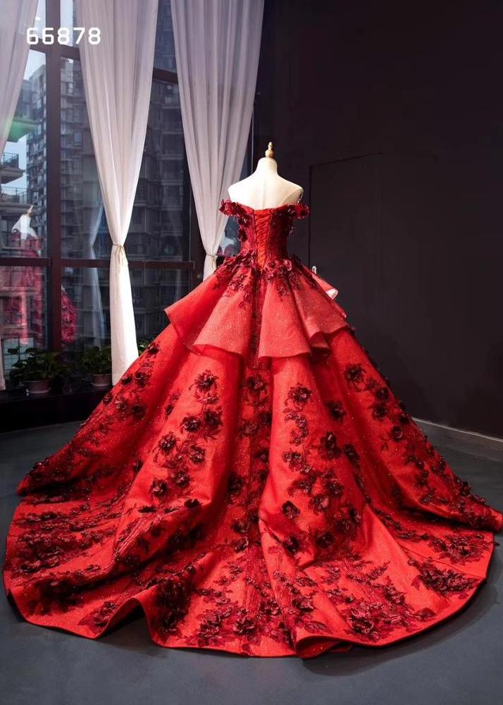 Ball Gown 3D flower Red  off- shoulder  evening dress lace big ball gown  bride  dress for wedding & party