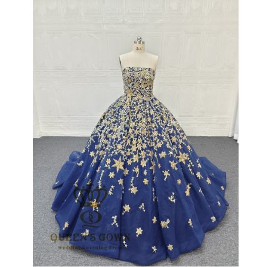 QUEENS GOWN custom blue fantasy starry pattern ball gown with elegant sleeveless quinceanera ball dresses