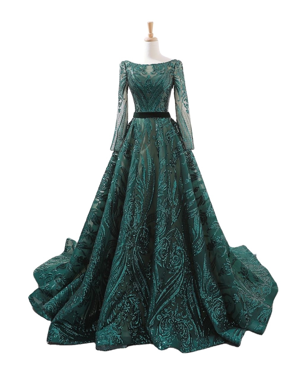 Luxury  sequins lace Green Ball Gown With Long sleeves  Wedding Dresses Bridal Gown Crystal Wedding Dress  For Women