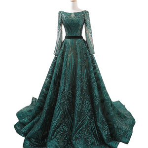 Luxury  sequins lace Green Ball Gown With Long sleeves  Wedding Dresses Bridal Gown Crystal Wedding Dress  For Women