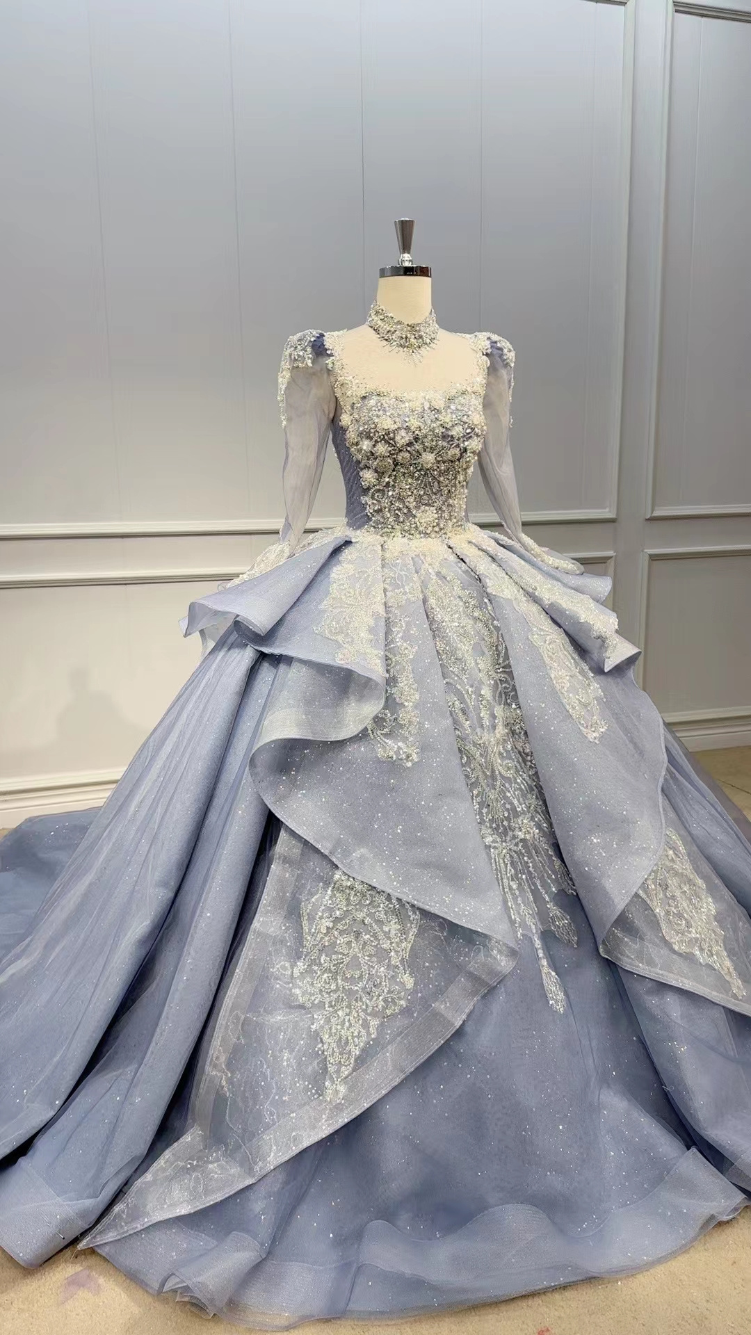 QUEENSGOWN  factory direct elegance  party gowns light blue embroidered bridal ball gown ruffles long sleeve women luxury dress