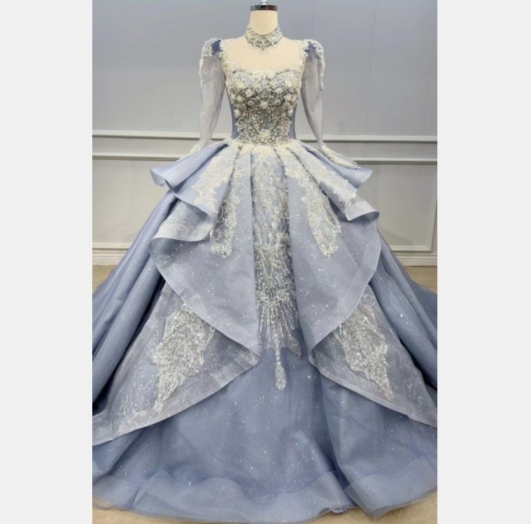 QUEENSGOWN  factory direct elegance  party gowns light blue embroidered bridal ball gown ruffles long sleeve women luxury dress