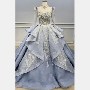 QUEENSGOWN  factory direct elegance  party gowns light blue embroidered bridal ball gown ruffles long sleeve women luxury dress