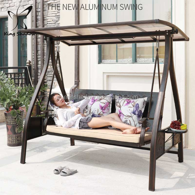 luxury 4 seater patio aluminium frame dining swing chair patio swings with canopy curtain and table outdoor furniture