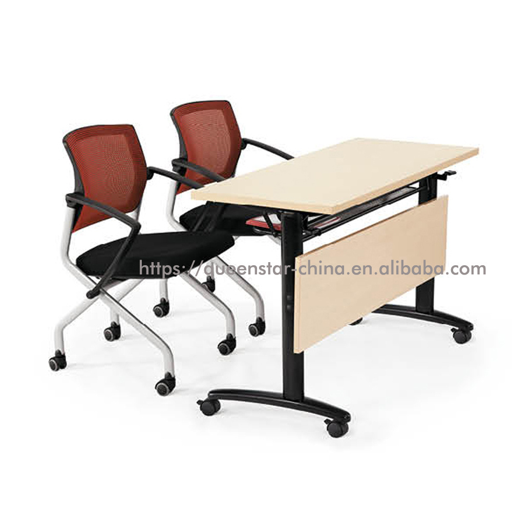 QS-TD04 Flipper flip top folding conference table Melamine laminated mobile office training table