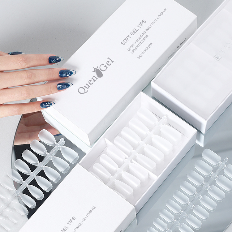 240 Pcs Nail Tips Extension System Soft Gel Fake Nail Almond Medium Square Frosted Full Cover Press On Nail Tips