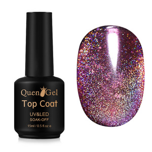 Quengel Custom Logo Free Samples Glitter Rainbow Top Coat Gel Non Wipe Nail Top Coat