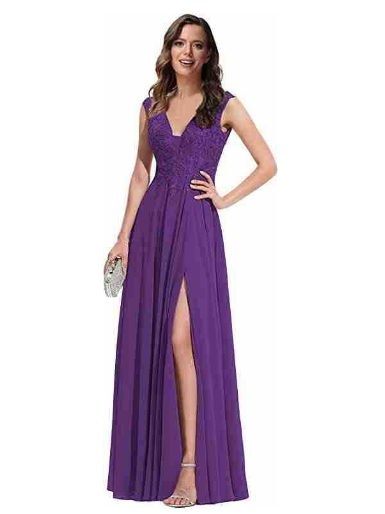 Women's V-neck Slit Chiffon Bridesmaid Dresses Long Lace Appliques Prom Dress For Women Formal