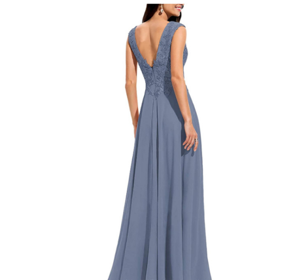 Women's V-neck Slit Chiffon Bridesmaid Dresses Long Lace Appliques Prom Dress For Women Formal