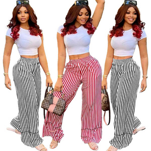 Wq1847 Summer Pretty Stripe Print Pants High Street Waist Pocket Loose Long Wide Leg Women's & Trousers