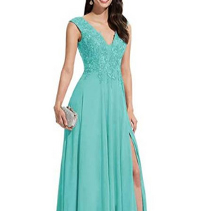 Women's V-neck Slit Chiffon Bridesmaid Dresses Long Lace Appliques Prom Dress For Women Formal