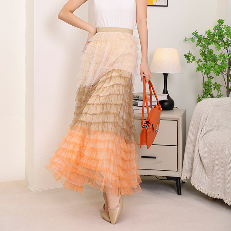 Womens Double Layer Mesh Tutu Skirts Asymmetrical Dress A Line Bridal Gowns Pleated Midi Dresses Tulle Skirt