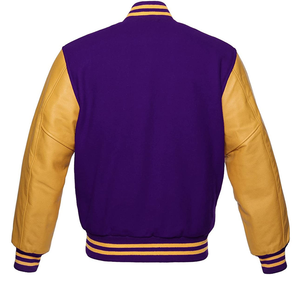 Premium Letterman Baseball School College Bomber Varsity Jacket Purple & Gold Genuine Leather Sleeves Jacket